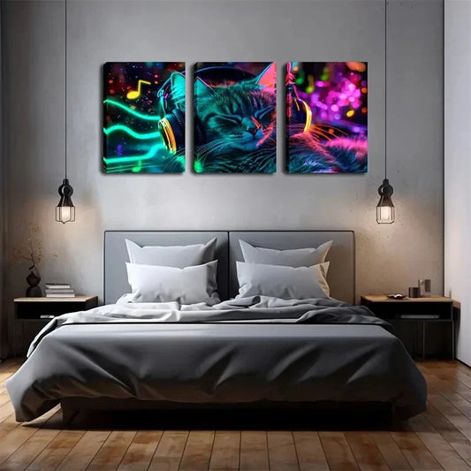 3pcs Neon Light Abstract Cat Listening to Music Wall Art Set Canvas Framed 40x60cm - High Quality Print 100% Australian Made Wall Canvas Ready to Hang