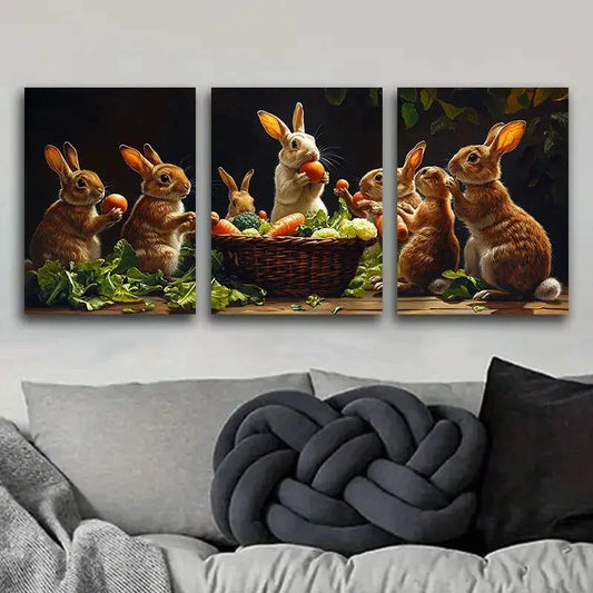 3pcs Rabbit farm Art Painting Metal Print Ready to Hang Art