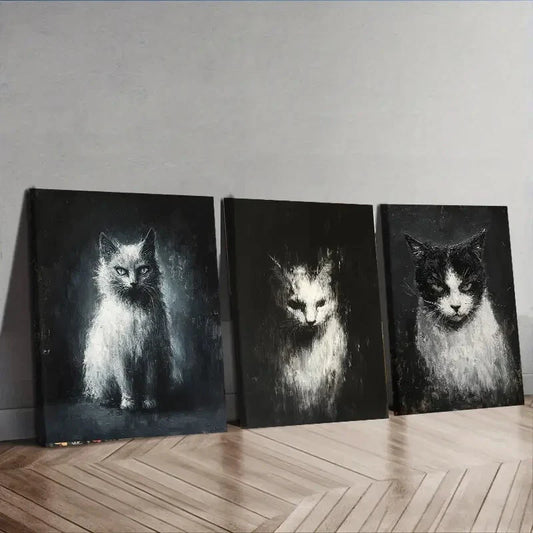 3pcs Beautiful Cat Black Darkness Perfect Wall Art Set Canvas Framed 40x60cm - High Quality Print 100% Australian Made Wall Canvas Ready to Hang