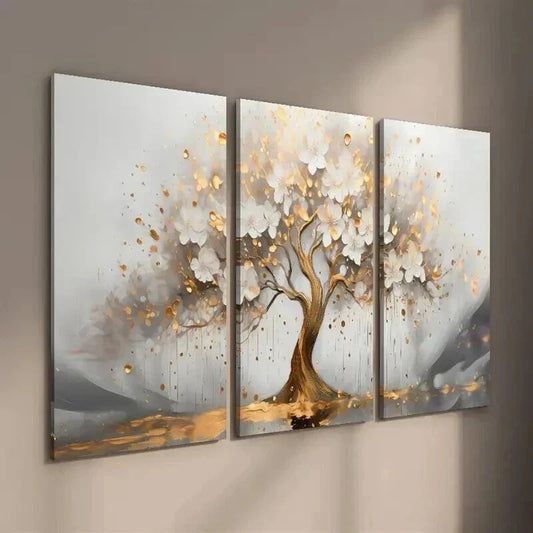 3pcs Abstract Golden Tree with White Flowers Wall Art Set Canvas Framed 40x60cm - High Quality Print 100% Australian Made Wall Canvas Ready to Hang