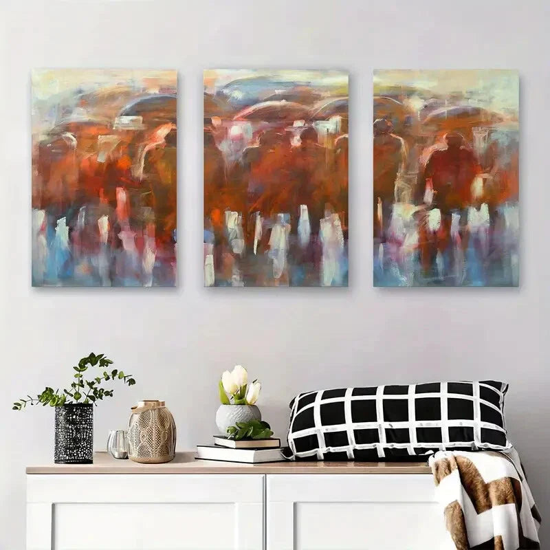 3pcs Abstract Landscape Earth Tones & Soft Metal Print Ready to Hang Art