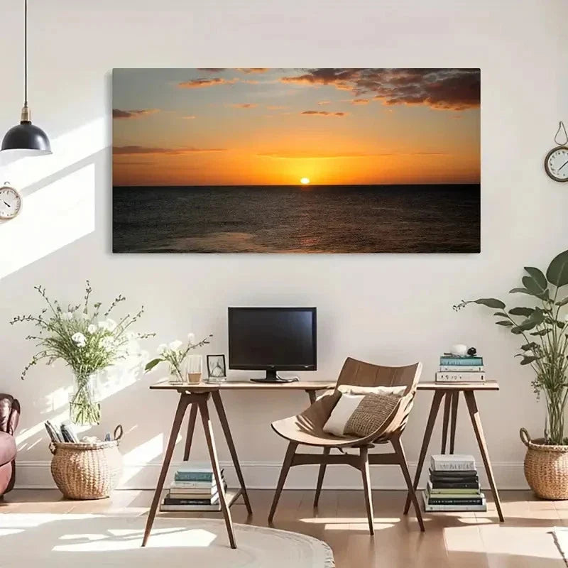 Seaside Sunset Ocean Retro Wall Art Canvas Office Home Room Framed 80x45cm