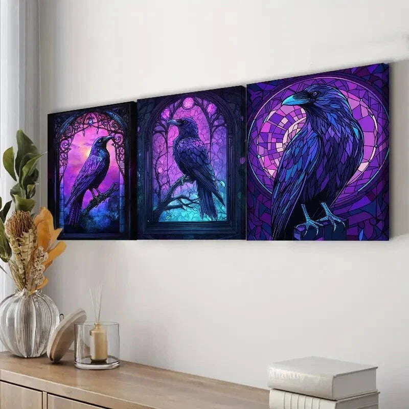 3pcs Stained Glass Window a Raven Perfect Wall Art Set Canvas Framed 40x60cm - High Quality Print 100% Australian Made Wall Canvas Ready to Hang