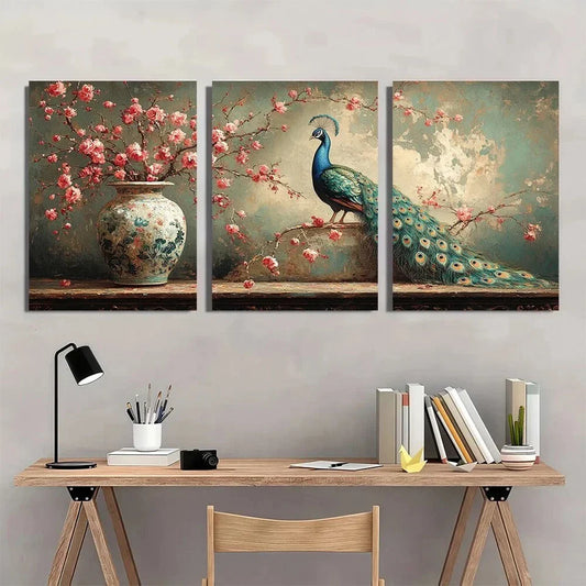 3pcs Peacock and Vase Elegant Metal Print Ready to Hang Art