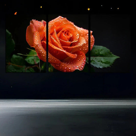 3pcs Red Roses Green Leaves Water Drops Metal Print Ready to Hang Art