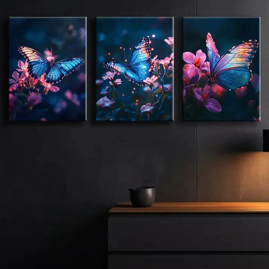 3pcs Glowing Butterfly Flowers Colorful Perfect Wall Art Set Canvas Framed 40x60cm - High Quality Print 100% Australian Made Wall Canvas Ready to Hang