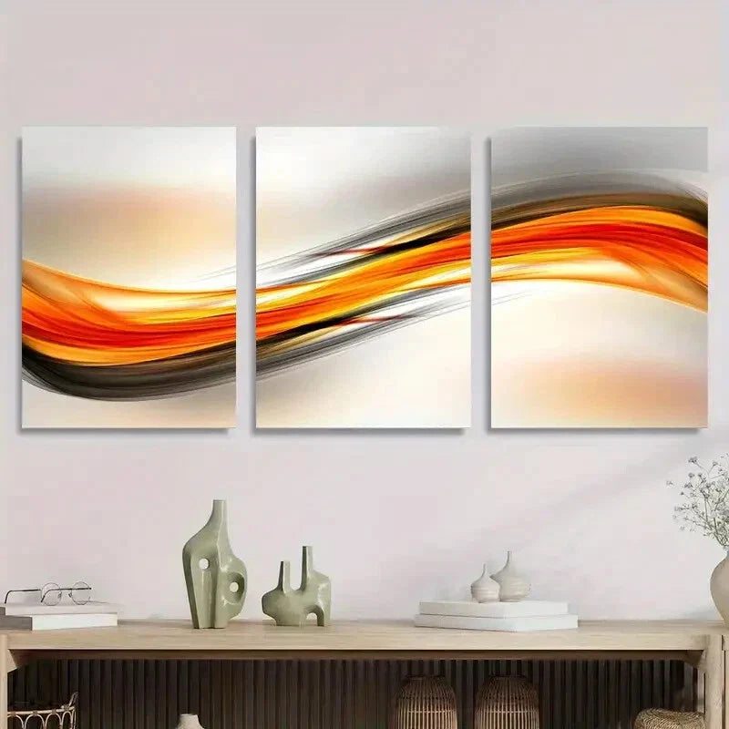 3pcs Abstract Flowing Lines Orange and Black Wave Metal Print Ready to Hang Art