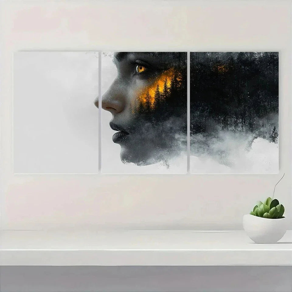 3pcs Abstract Woman with Forest Black & White Metal Print Ready to Hang Art