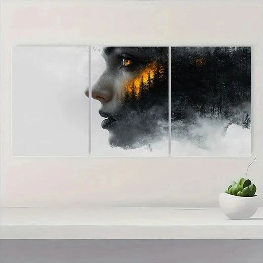 3pcs Abstract Woman with Forest Black & White Metal Print Ready to Hang Art