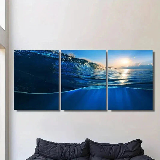 3pcs Vibrant Blue Waves & Sunlight Reflection Metal Print Ready to Hang Art