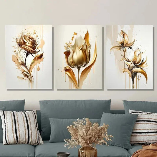 3pcs Golden rose abstract concept illustration Wall Art Set Canvas Framed 40x60cm - High Quality Print 100% Australian Made Wall Canvas Ready to Hang
