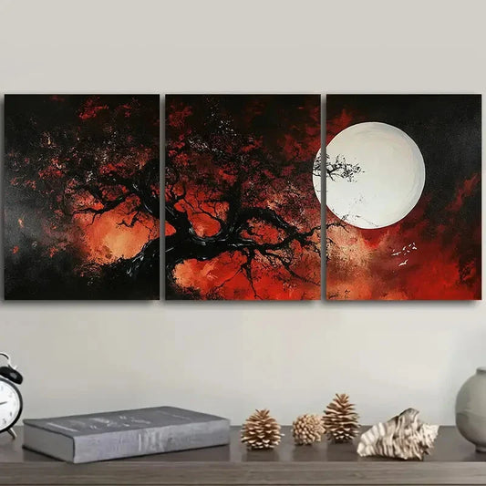 3pcs Abstract Tree and White Moon Nature Perfect Wall Art Set Canvas Framed 40x60cm - High Quality Print 100% Australian Made Wall Canvas Ready to Hang