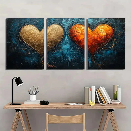3pcs Two Heart Shaped Colourful Gold Red Metal Print Ready to Hang Art