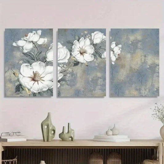 3pcs White Magnolia Floral Vintage Gray Metal Print Ready to Hang Art
