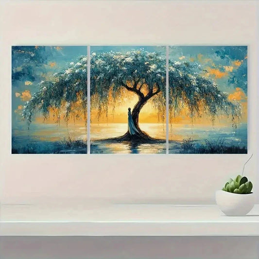 3pcs Nature Inspired Modern Watercolor Willow Tree Metal Print Ready to Hang Art