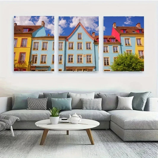3pcs A Row of Colorful Buildings White Wolf Metal Print Ready to Hang Art
