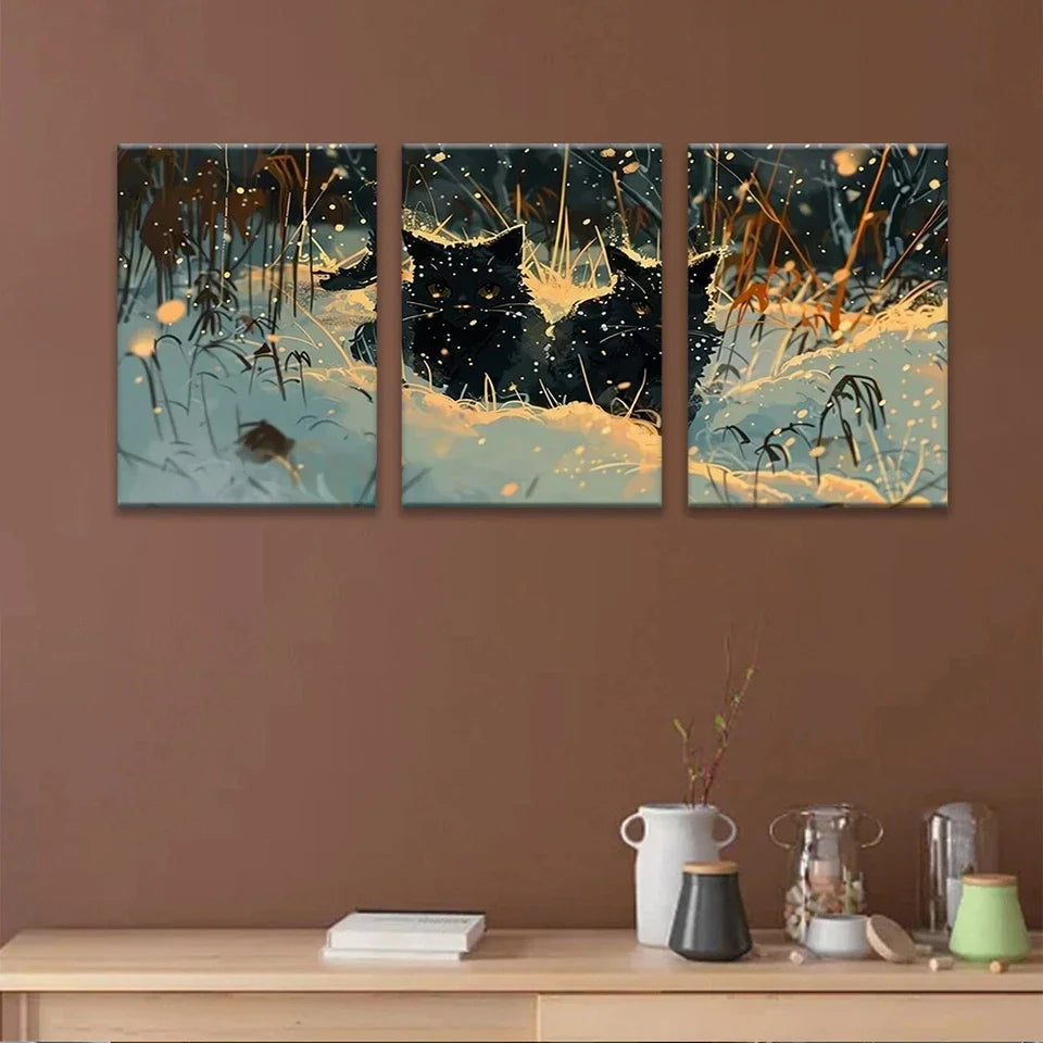 3pcs Black Cat Snow Exquisite Metal Print Ready to Hang Art