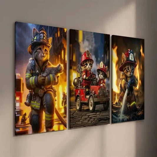 3pcs Adorable Firefighter Cats in Action Wall Art Set Canvas Framed 40x60cm - High Quality Print 100% Australian Made Wall Canvas Ready to Hang