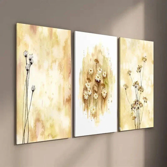 3pcs Botanical Wildflowers Beige Mustard Ochre Wall Art Set Canvas Framed 40x60cm - High Quality Print 100% Australian Made Wall Canvas Ready to Hang