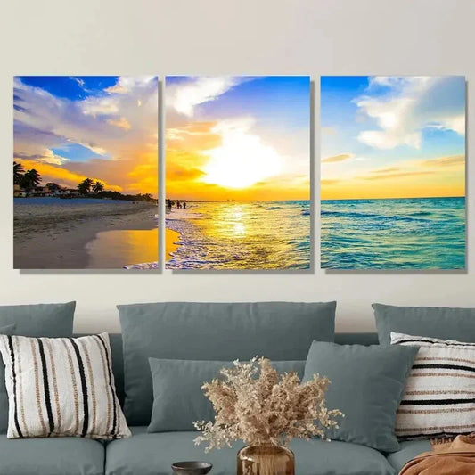 3pcs Beach Sunset Triptych Vibrant Orange & Blue Metal Print Ready to Hang Art