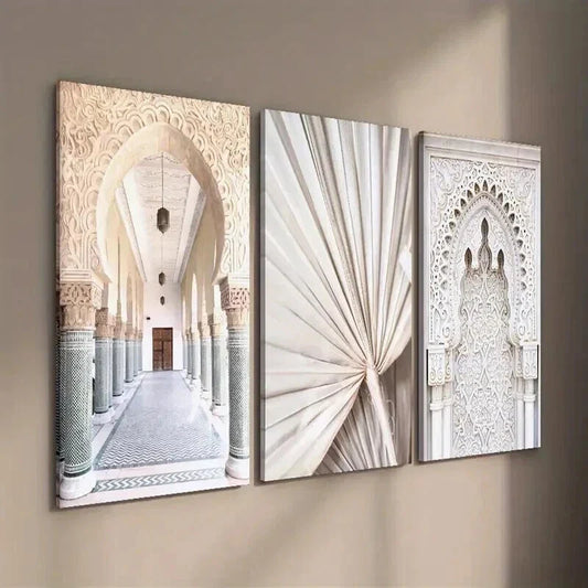 3pcs Moroccan Elegant Arch & Fan-Shaped Designs Wall Art Set Canvas Framed 40x60cm - High Quality Print 100% Australian Made Wall Canvas Ready to Hang