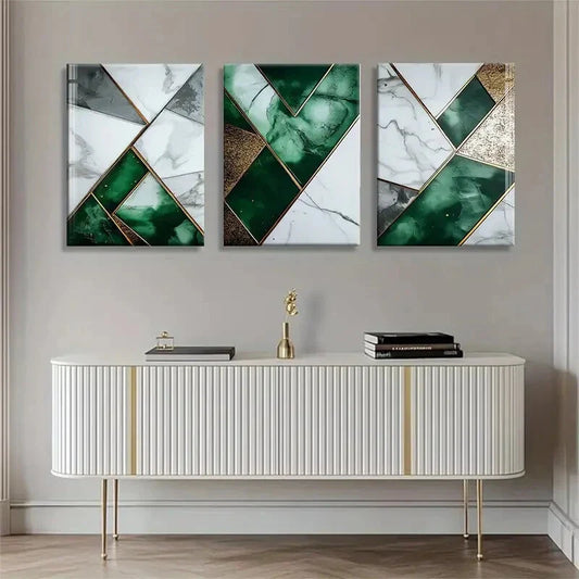 3pcs Green Marble and White Geometric Perfect Wall Art Set Canvas Framed 40x60cm - High Quality Print 100% Australian Made Wall Canvas Ready to Hang