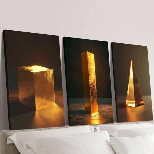 3pcs Luxurious Golden Cube Triangle Decoration Wall Art Set Canvas Framed 40x60cm - High Quality Print 100% Australian Made Wall Canvas Ready to Hang