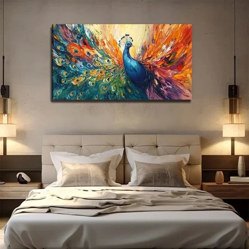 A Large Peacock Wall Art Canvas Office Home Room Framed 80x45cm