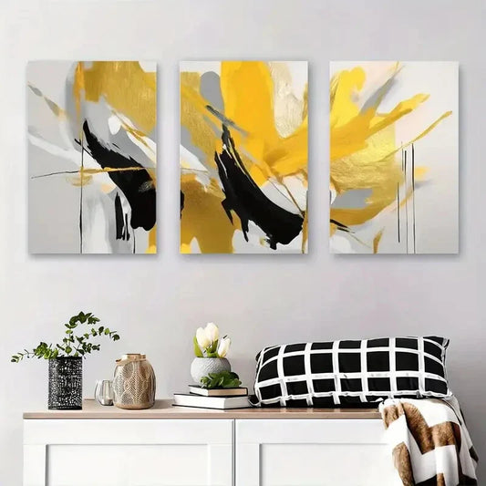 3pcs Abstract Golden and Black Abstract Metal Print Ready to Hang Art