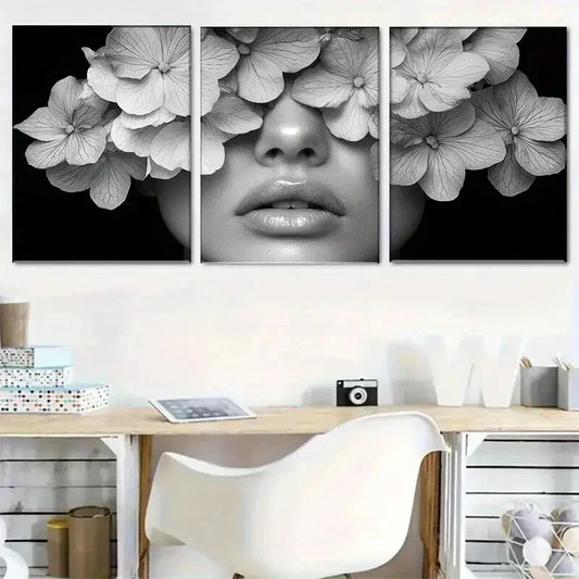 3pcs Black & White Woman with Flowers Design Wall Art Set Canvas Framed 40x60cm - High Quality Print 100% Australian Made Wall Canvas Ready to Hang