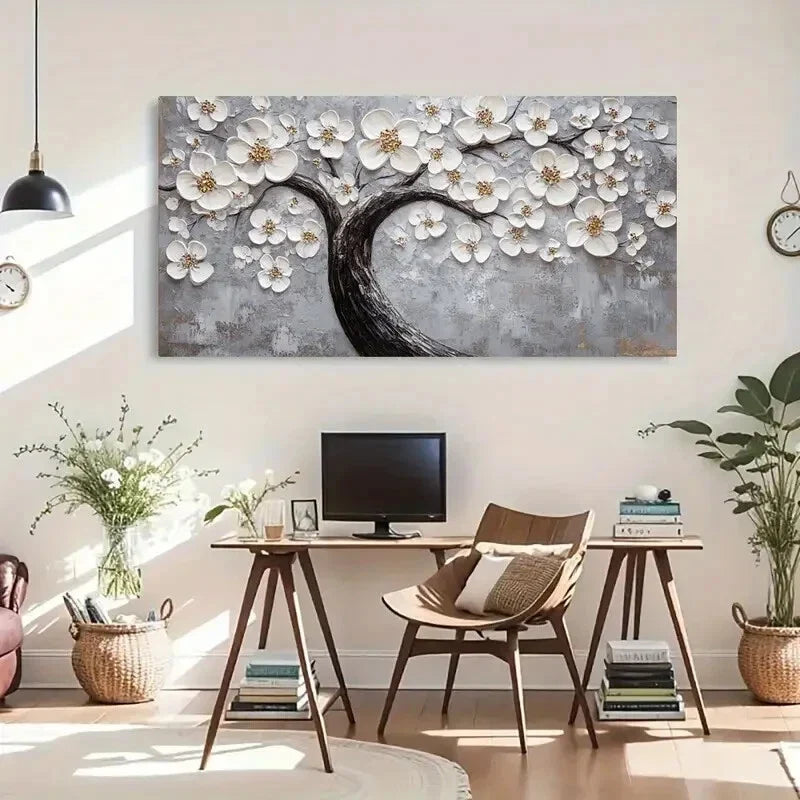 Elegant White Blossom Tree Wall Art Canvas Office Home Room Framed 120x60cm