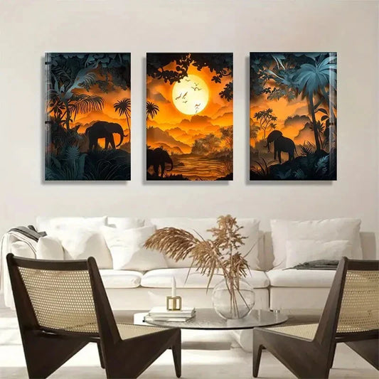 3pcs Majestic Elephants Sunset Safari Perfect Wall Art Set Canvas Framed 40x60cm - High Quality Print 100% Australian Made Wall Canvas Ready to Hang