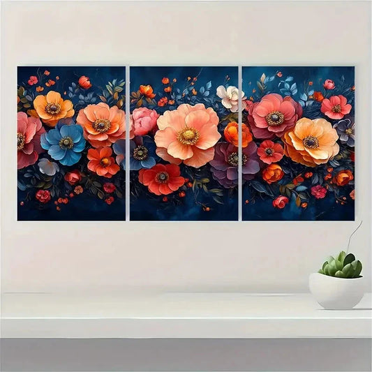 3pcs Vibrant Floral Rich Color Palette Textured Metal Print Ready to Hang Art