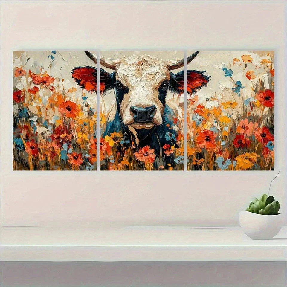 3pcs Vibrant Cow Colorful Floral Field Metal Print Ready to Hang Art