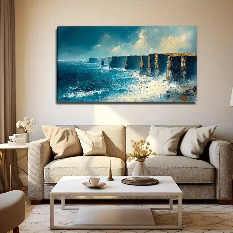 Abstract Cliff Ocean Wave Wall Art Canvas Office Home Room Framed 80x45cm