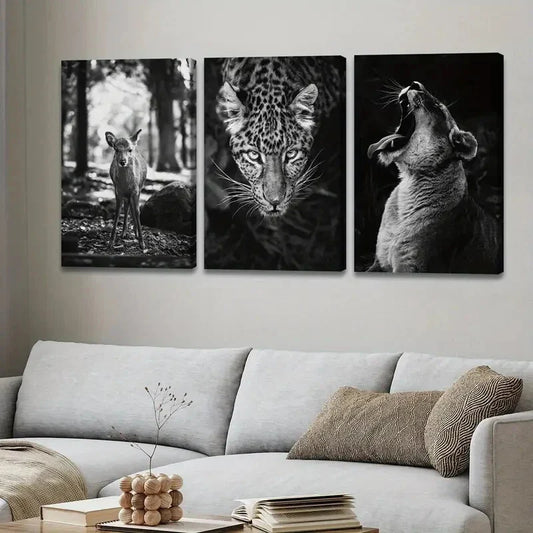 3pcs Vintage Black & White Animals Deer Leopard Wall Art Set Canvas Framed 40x60cm - High Quality Print 100% Australian Made Wall Canvas Ready to Hang
