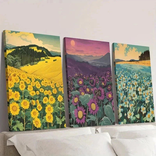 3pcs Flower Fields with Mountain & Sky Wall Art Set Canvas Framed 40x60cm - High Quality Print 100% Australian Made Wall Canvas Ready to Hang