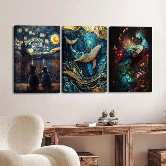 3pcs Vibrant Animal Moon Cat Scene Peacock Fish Wall Art Set Canvas Framed 40x60cm - High Quality Print 100% Australian Made Wall Canvas Ready to Hang