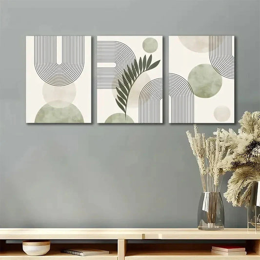 3pcs Abstract Sage Green Geometric Metal Print Ready to Hang Art