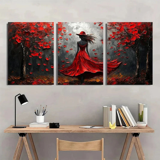 3pcs Red Dress Girl Abstract Painting Metal Print Ready to Hang Art