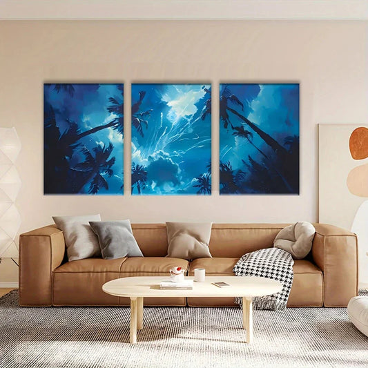 3pcs Modern Blue Sky Abstract Metal Print Ready to Hang Art