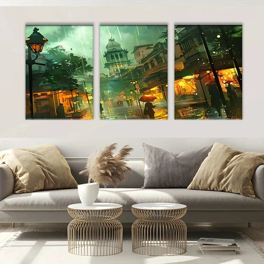 3pcs Poetic Landscape Rainy Golden Lights Metal Print Ready to Hang Art