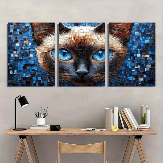 3pcs Siamese Cat & Blue Flower Vibrant Blue Eyes Metal Print Ready to Hang Art