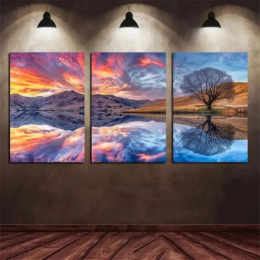 3pcs Reflecting In The Lake Under Cloudy Sky Metal Print Ready to Hang Art