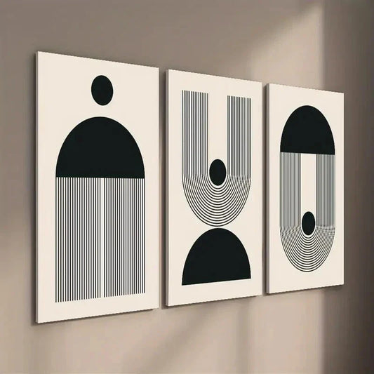3pcs Black & Beige Abstract Geometric Wall Art Set Canvas Framed 40x60cm - High Quality Print 100% Australian Made Wall Canvas Ready to Hang