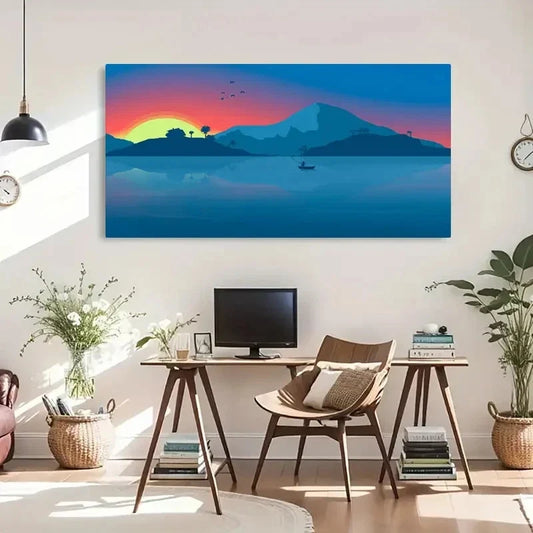 Minimalist Beach Boat Mountain Wall Art Canvas Office Home Room Framed 80x45cm