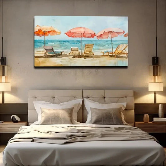 Sunshade Facing The Sea Beach Wall Art Canvas Office Home Room Framed 80x45cm