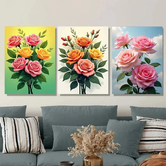 3pcs Colorful Rose Bouquet Vibrant Floral Metal Print Ready to Hang Art