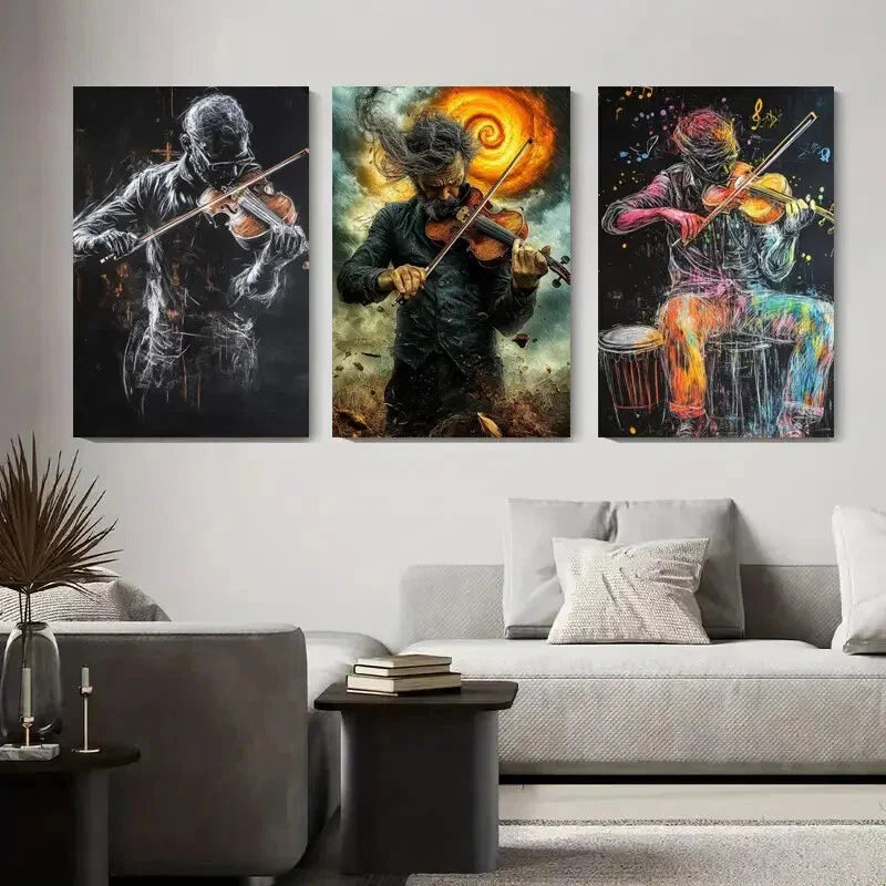 3pcs Colorful, Vibrant Musician Violinist Metal Print Ready to Hang Art
