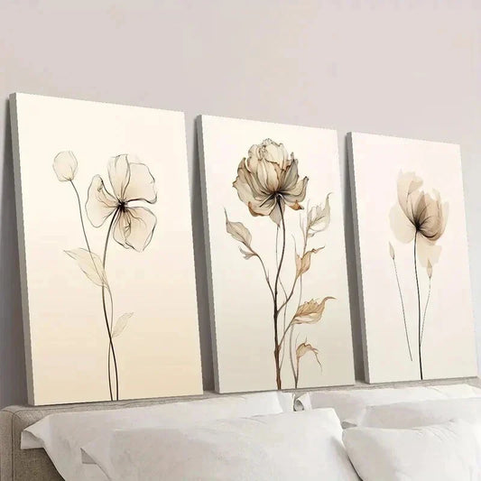 3pcs Retro Beige Floral Illustration Wall Art Set Canvas Framed 40x60cm - High Quality Print 100% Australian Made Wall Canvas Ready to Hang